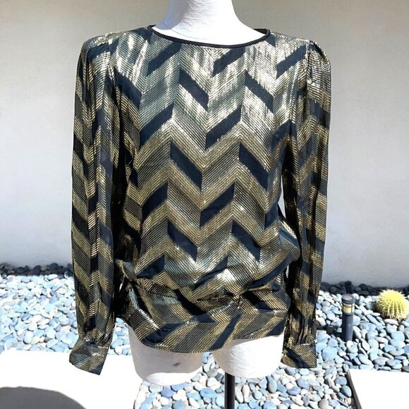 Rimini Top Womens Vintage Rayon Metallic Zig Zag Pattern Side Snap Gold Black - Picture 12 of 12